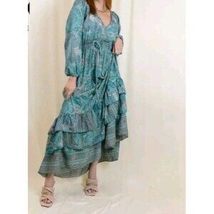 Boemo Maxi LONG PEASANT DRESS V-Neck Elastc Waist Ruffle Long Sleeves Small Boho